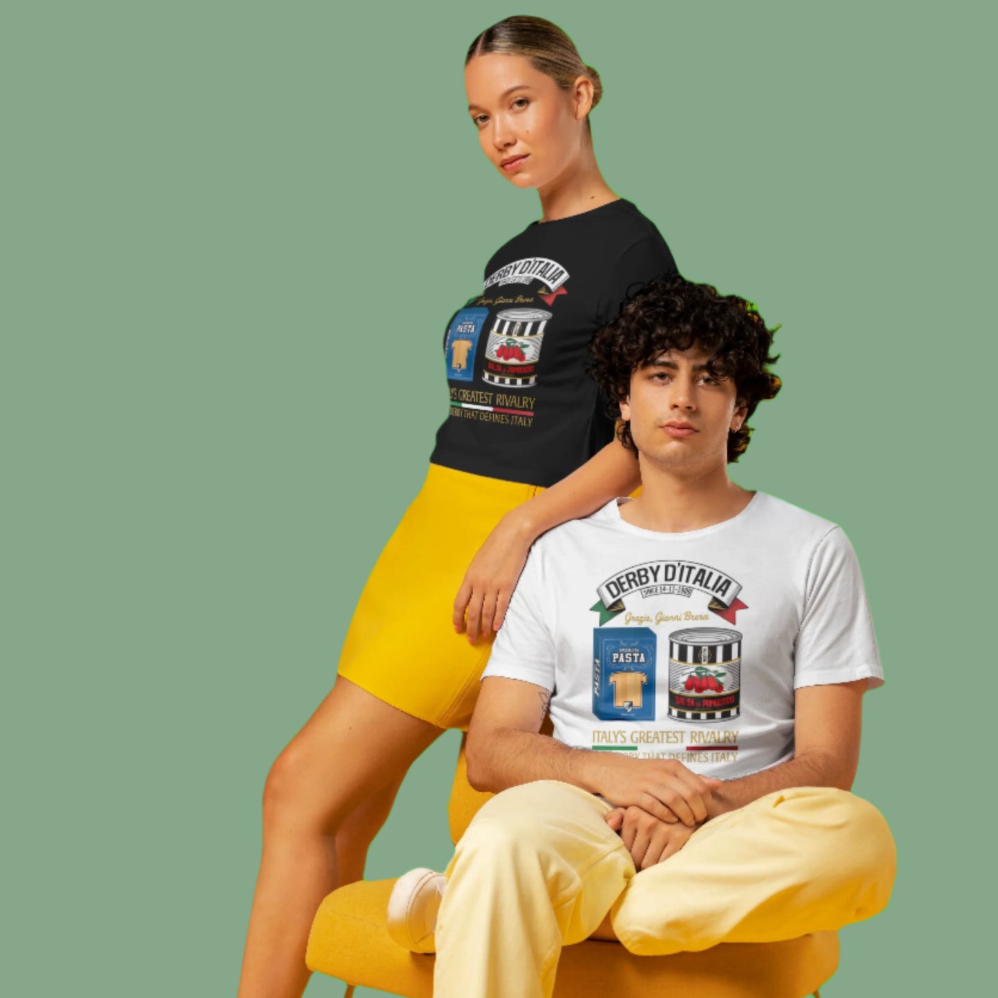 Two people wearing t-shirts with graphic designs on a yellow background